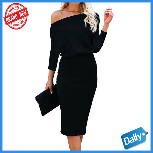 Off Shoulder Batwing Sleeve Pencil Dress 3/4 Sleeve Bodycon Midi